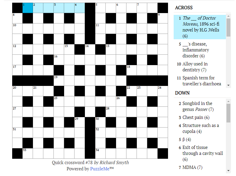 Quick crossword #78: Alloy used in dentistry (7)