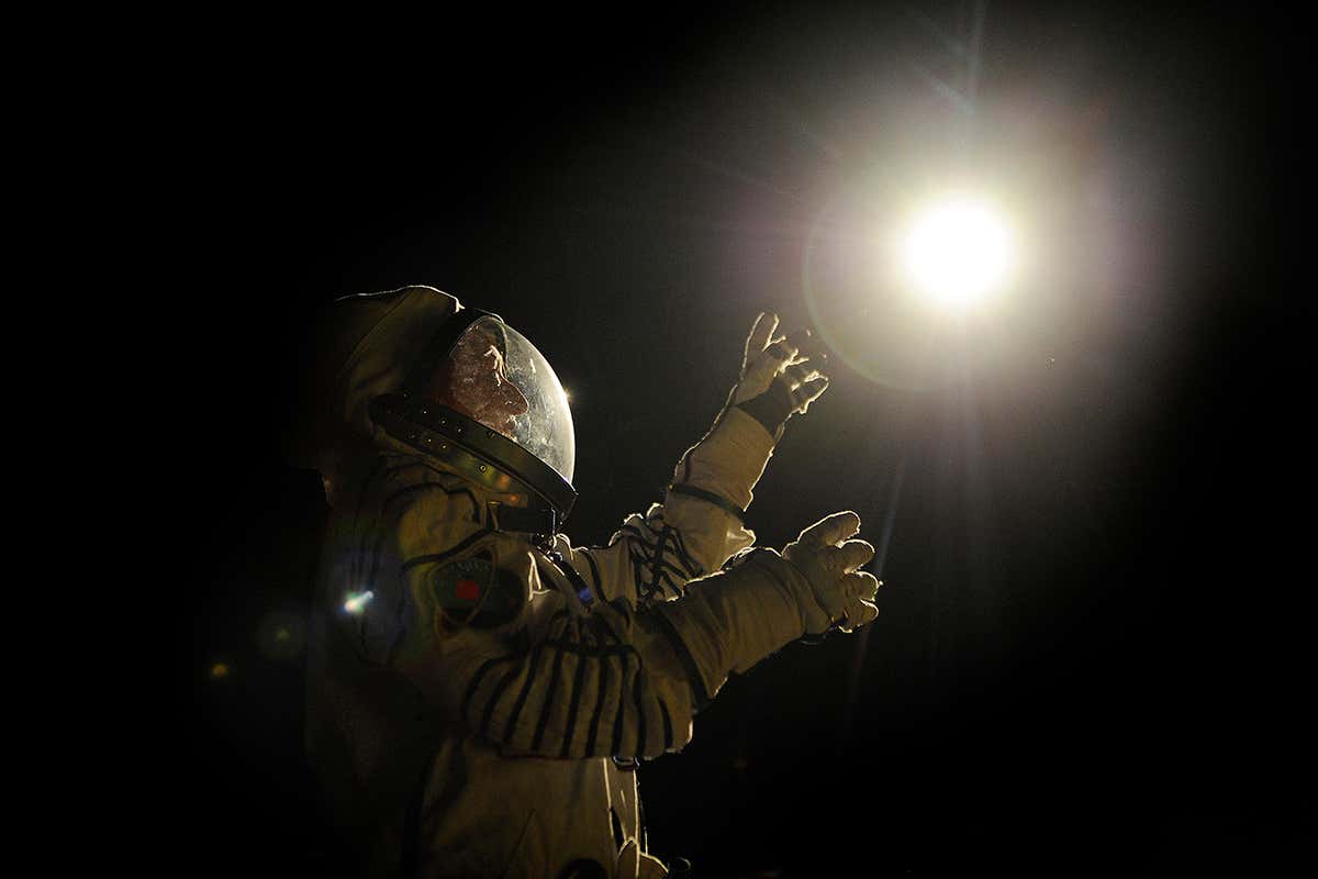 Dressed in a spacesuit which is a replica of the one worn by Tim Peake on his mission to the International Space Station