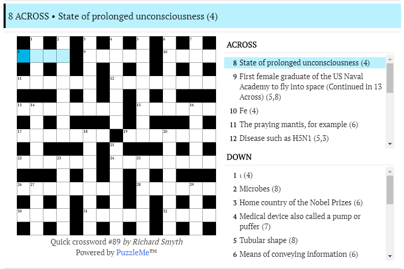 Quick crossword #89: State of prolonged unconsciousness (4)