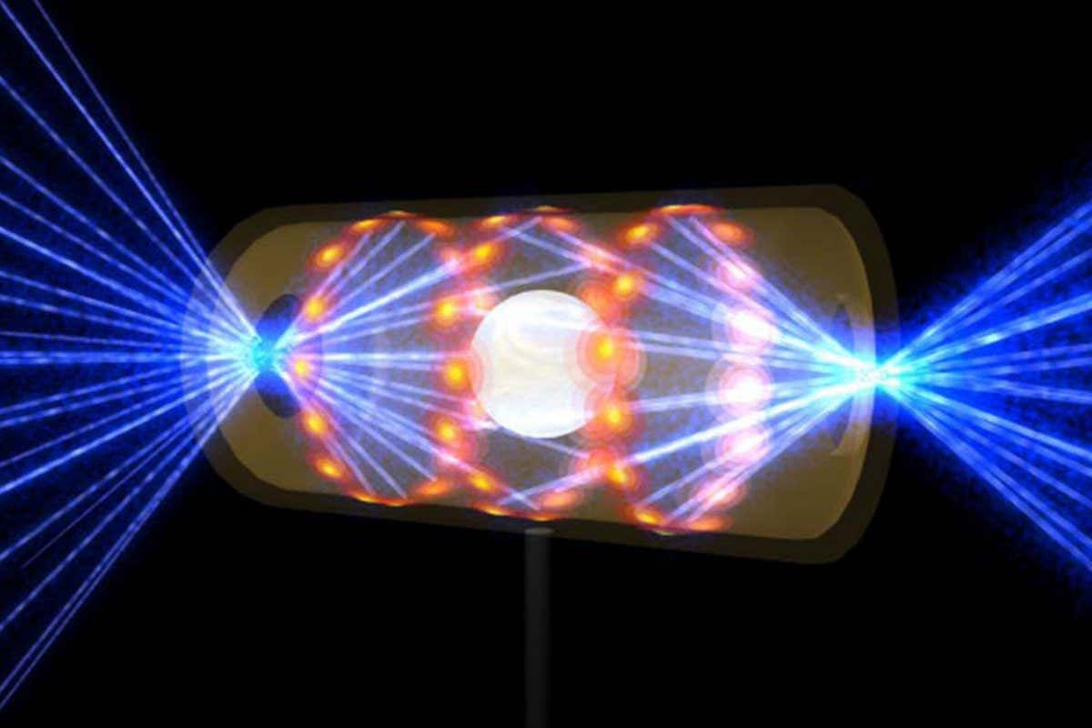This artist?s rendering shows a NIF target pellet inside a hohlraum capsule with laser beams entering through openings on either end. The beams compress and heat the target to the necessary conditions for nuclear fusion to occur. Ignition experiments on NIF are the result of more than 50 years of inertial confinement fusion research and development, opening the door to exploration of previously inaccessible physical regimes