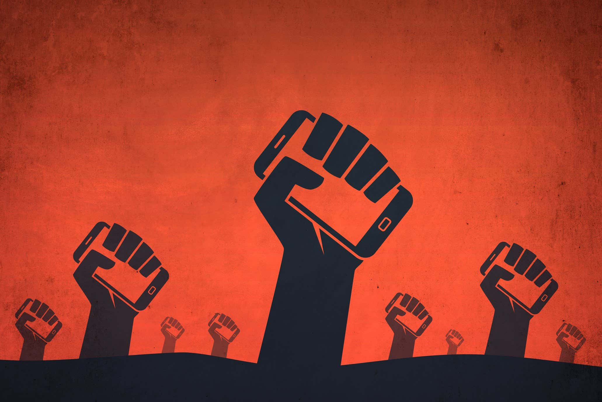 Revolution or protests. Hands holding smartphones