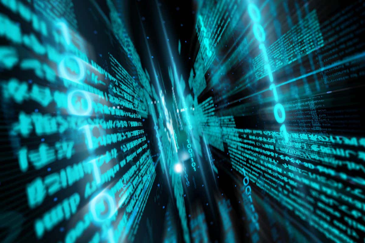 Close up of digital data and binary code in network.