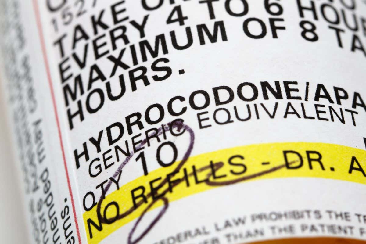 Pharmacy label for prescription hydrocodone pills. Hydrocodone is an opioid derived from codeine and thiamine. Hydrocodone is an orally active narcotic analgesic (pain reliever) and antitussive (cough suppressant)