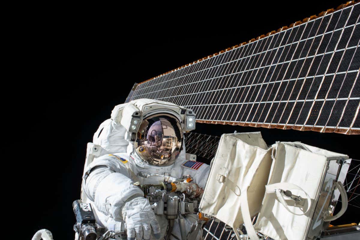 NASA astronaut Scott Kelly is seen while working outside of the International Space Station during a spacewalk on Nov. 6, 2015. Kelly and fellow NASA astronaut Kjell Lindgren restored the port truss (P6) ammonia cooling system to its original configuration and returned ammonia to the desired levels in both the prime and back-up systems. The spacewalk lasted for seven hours and 48 minutes.