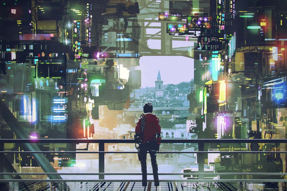 man standing on balcony looking at futuristic city with colorful light, digital art style, illustration painting; Shutterstock ID 1032222850; purchase_order: PHOTO; job: 11 September issue; client: NS; other: