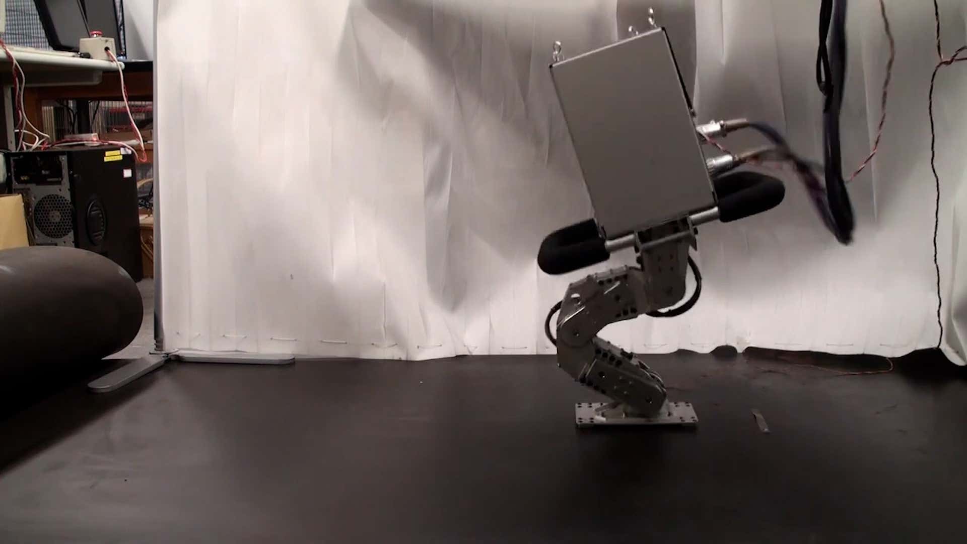 Watch a one-legged robot hop about as researchers try to knock it over