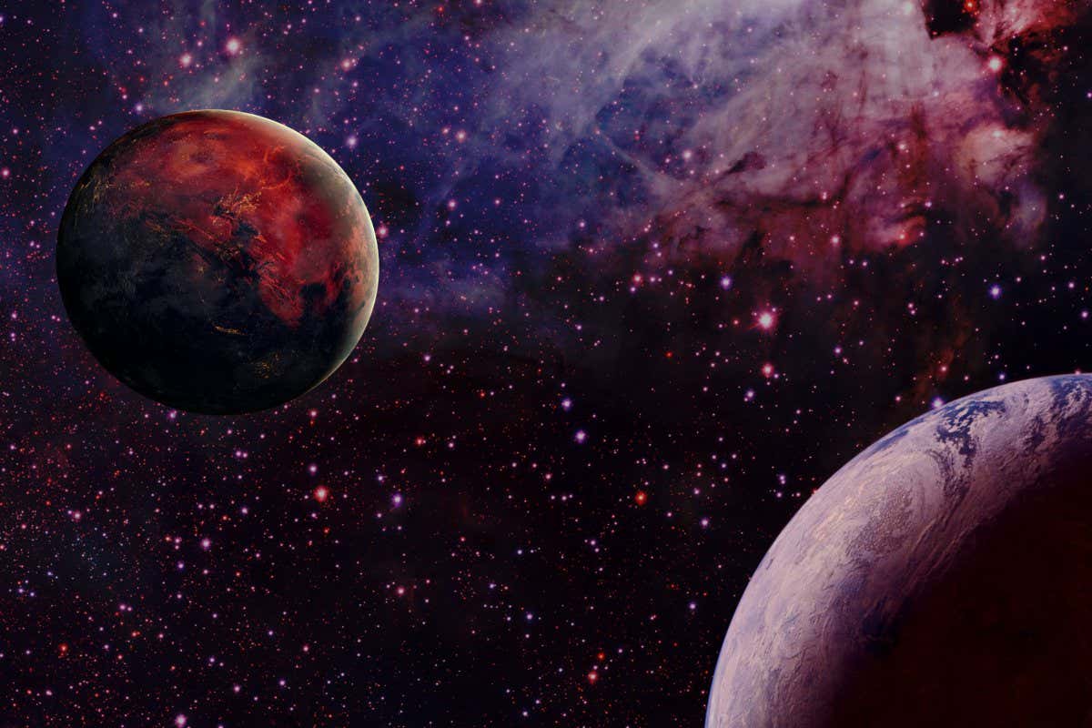 Artist's illustration of an exoplanet, exomoons and a galaxy