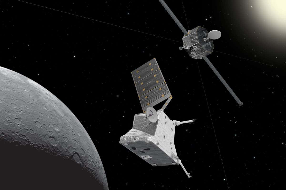 Artist?s impression of the BepiColombo spacecraft at Mercury. The mission comprises ESA?s Mercury Planetary Orbiter (foreground) and JAXA?s Mercury Magnetospheric Orbiter (background). The image of Mercury was taken by NASA?s Messenger spacecraft.