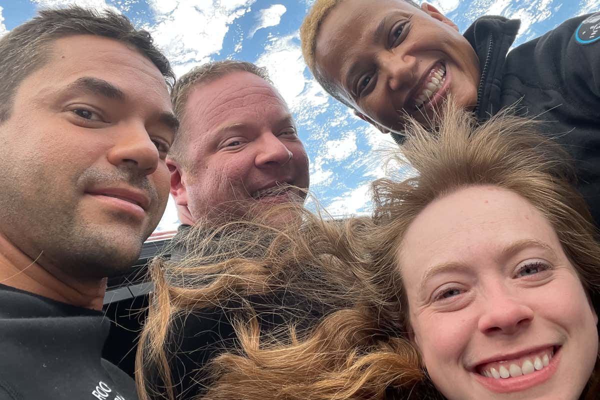 A selfie taken in space by the crew of Inspiration4, including Christopher Sembroski, Jared Isaacman, Sian Proctor and Hayley Arceneaux
