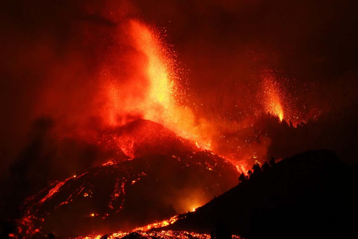 The Cumbre Vieja volcano eruption, spewing lava