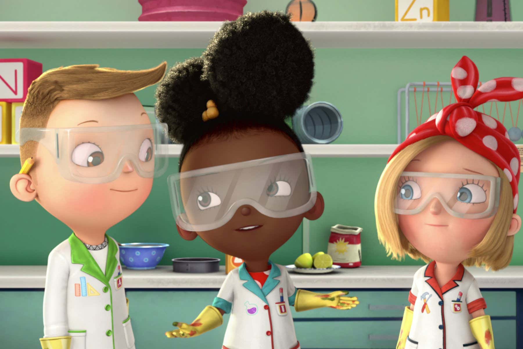 ADA TWIST, SCIENTIST (L to R) NICHOLAS CROVETTI as IGGY PECK, AMANDA CHRISTINE as ADA TWIST, and CANDACE KOZAK as ROSIE REVERE in episode 103 of ADA TWIST, SCIENTIST. Cr. COURTESY OF NETFLIX ?? 2021