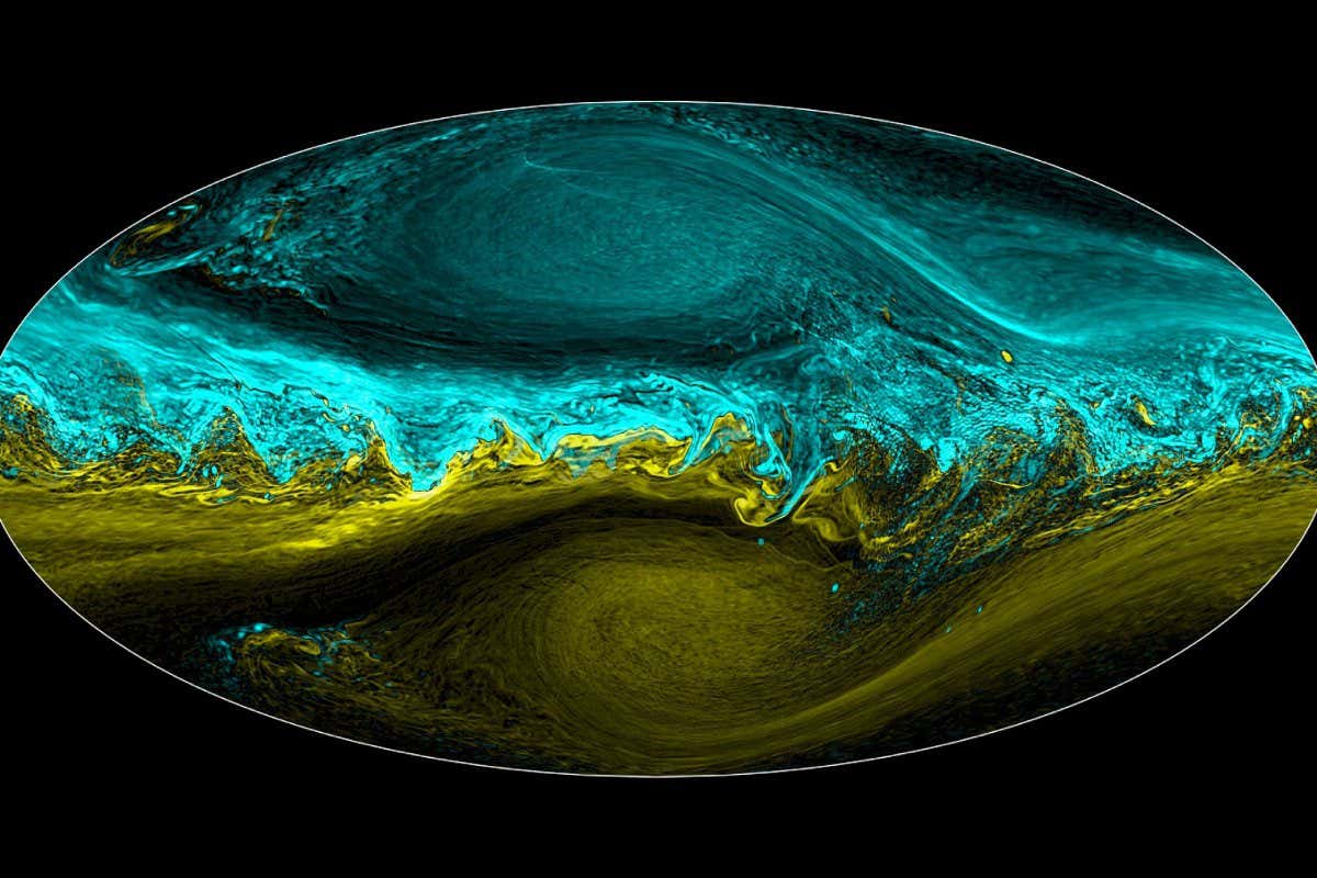 A simulation of a modon storm, with blue swirls of storm clouds turning counter-clockwise and green swirls of storms turning clockwise