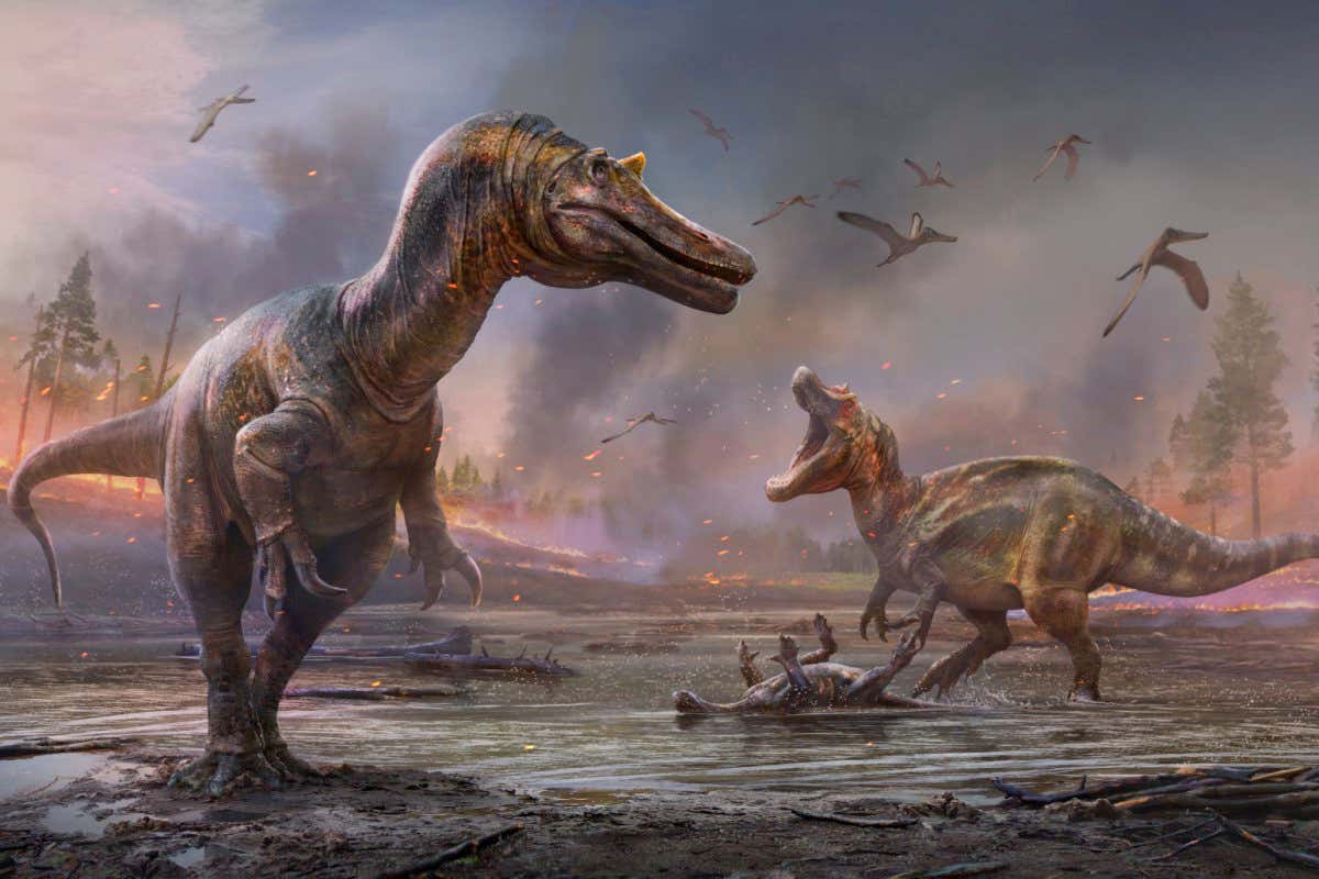 Artists impressions of the Spinosaurids. Ceratosuchops inferodios in the foreground, Riparovenator milnerae in the background.