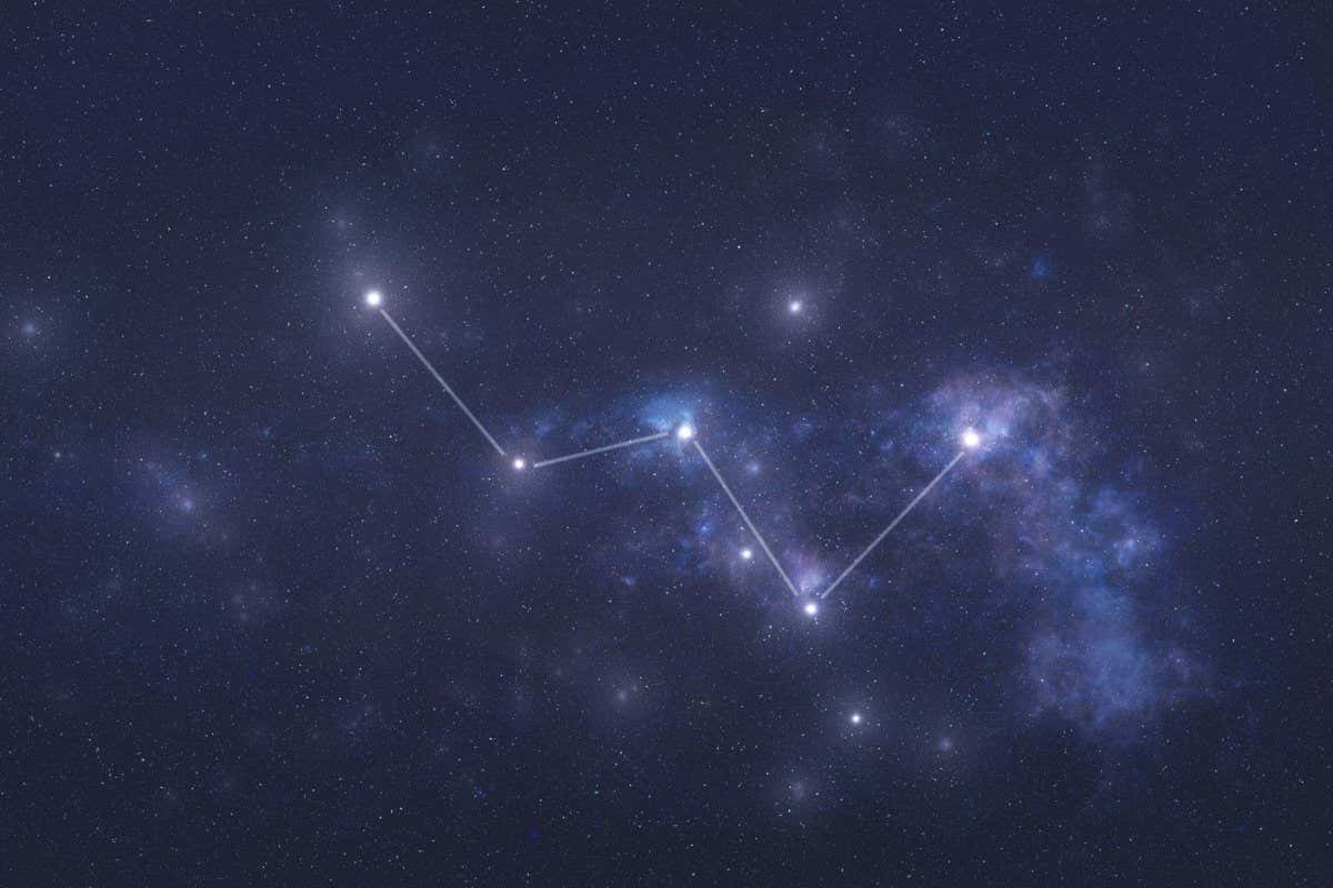 2AWA10X Cassiopeia constellation stars in outer space. Cassiopeia constellation lines. Elements of this image were furnished by NASA