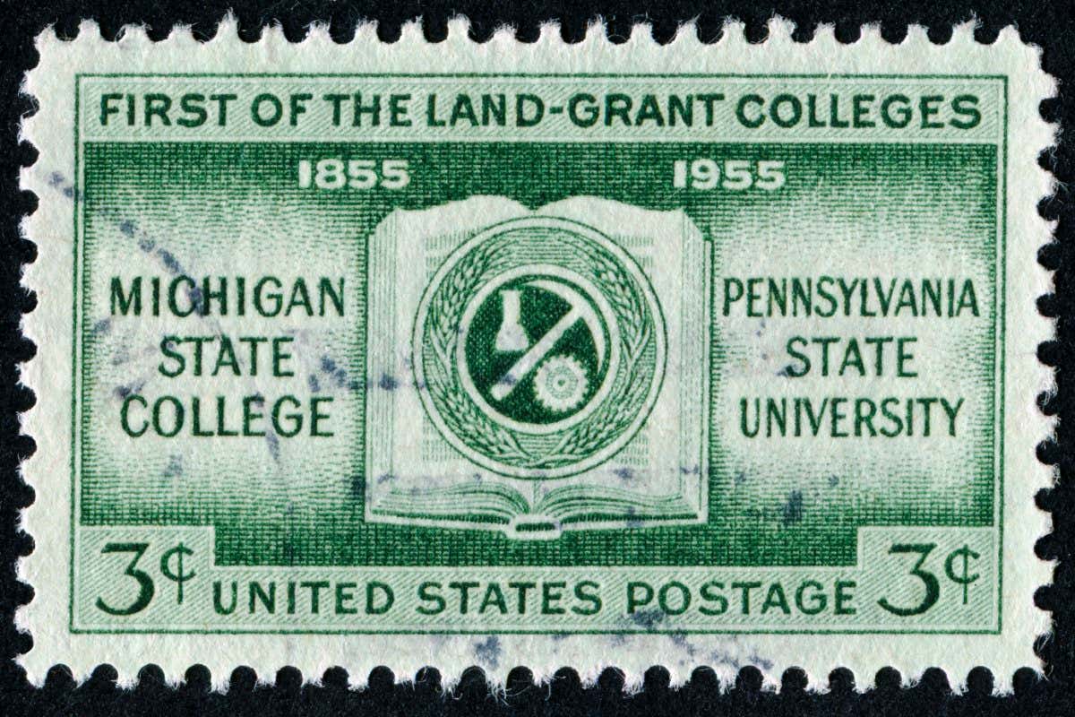 Cancelled Stamp From The United States Commemorating Michigan State College And Pennsylvania State University For Being The First Of The Land-Grant Colleges.