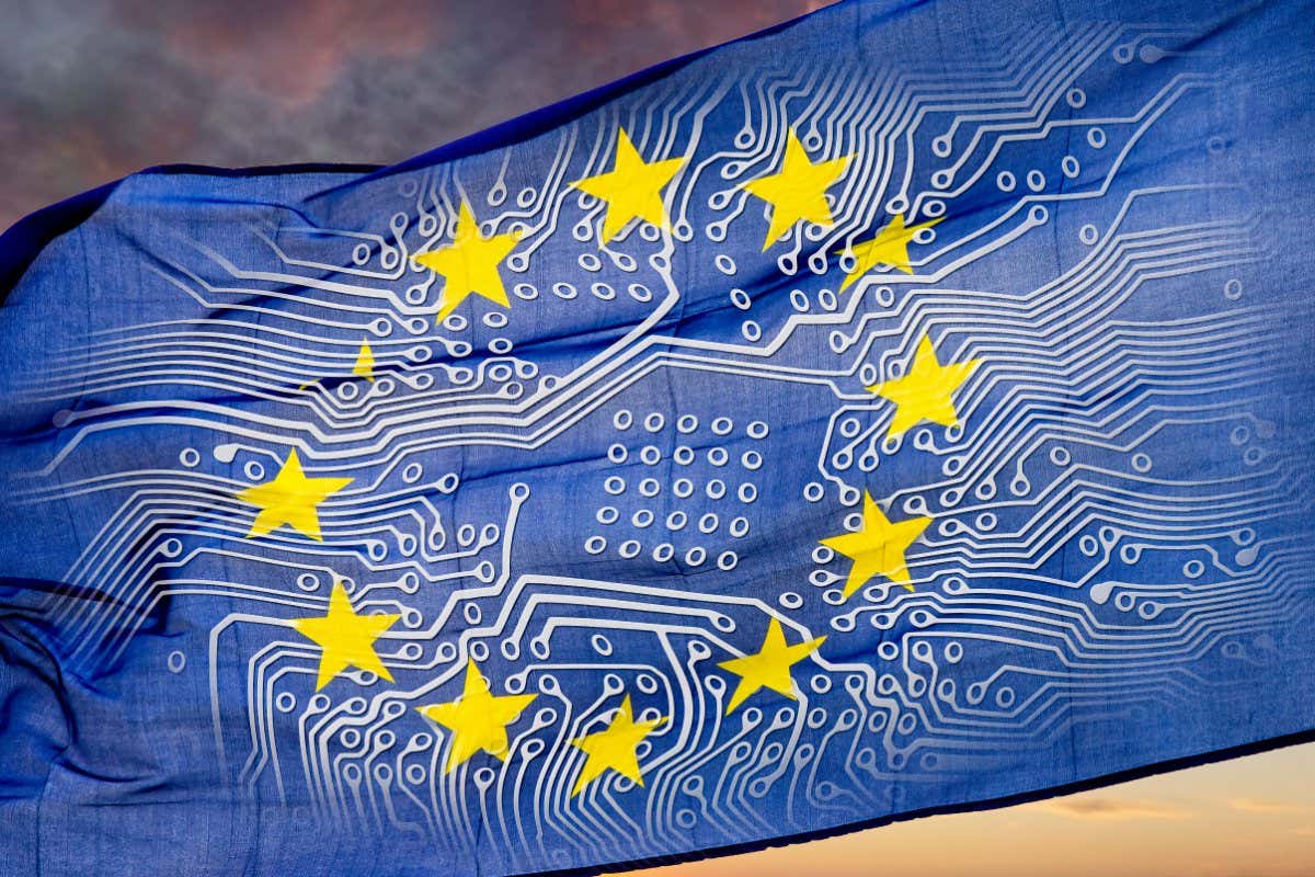 EU flag with circuit board