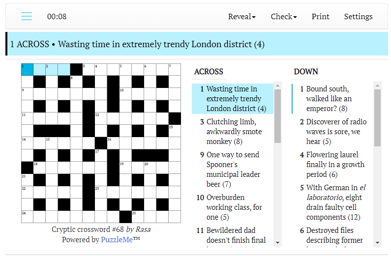Cryptic crossword #68: Pain-in-the-neck partner of Watson (5)