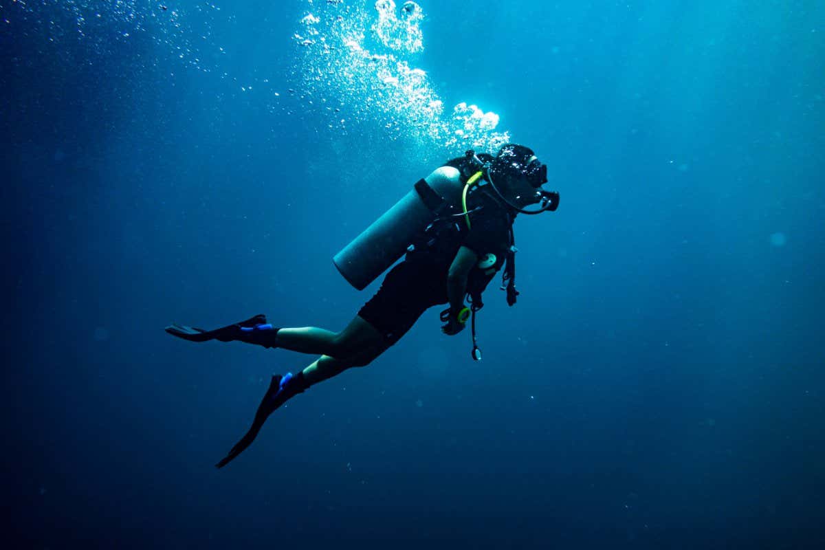 Scuba diver silhouetted under water