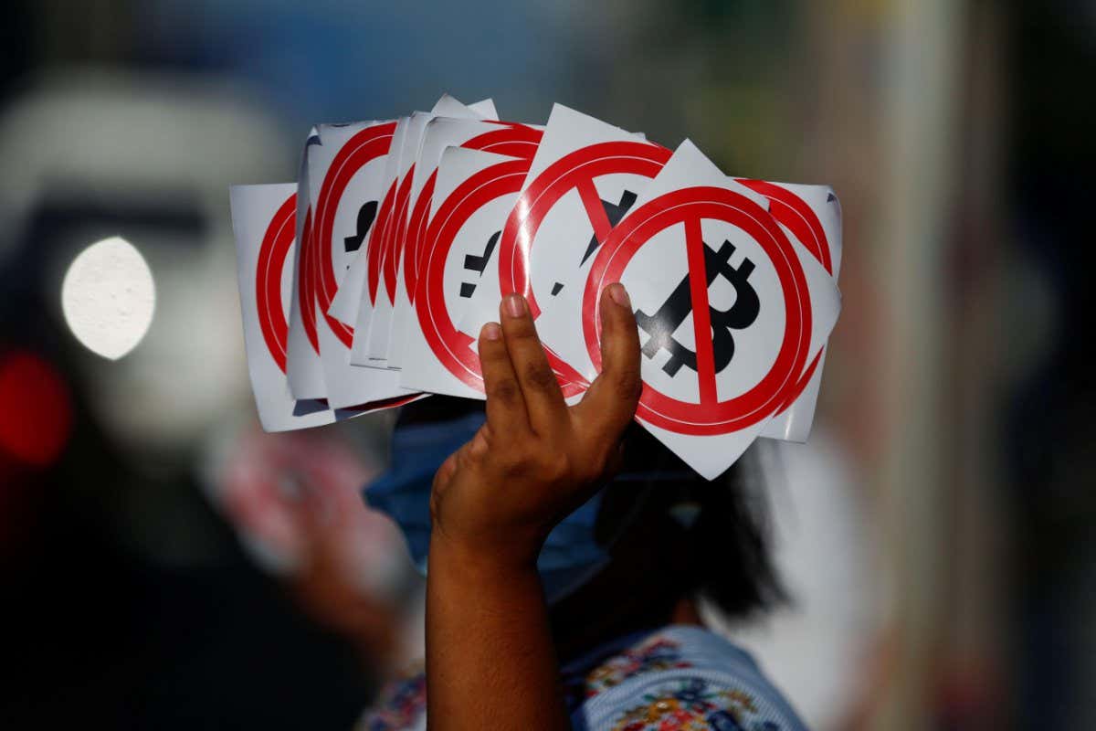 stickers used as part of a campaign against the use of Bitcoin as legal tender