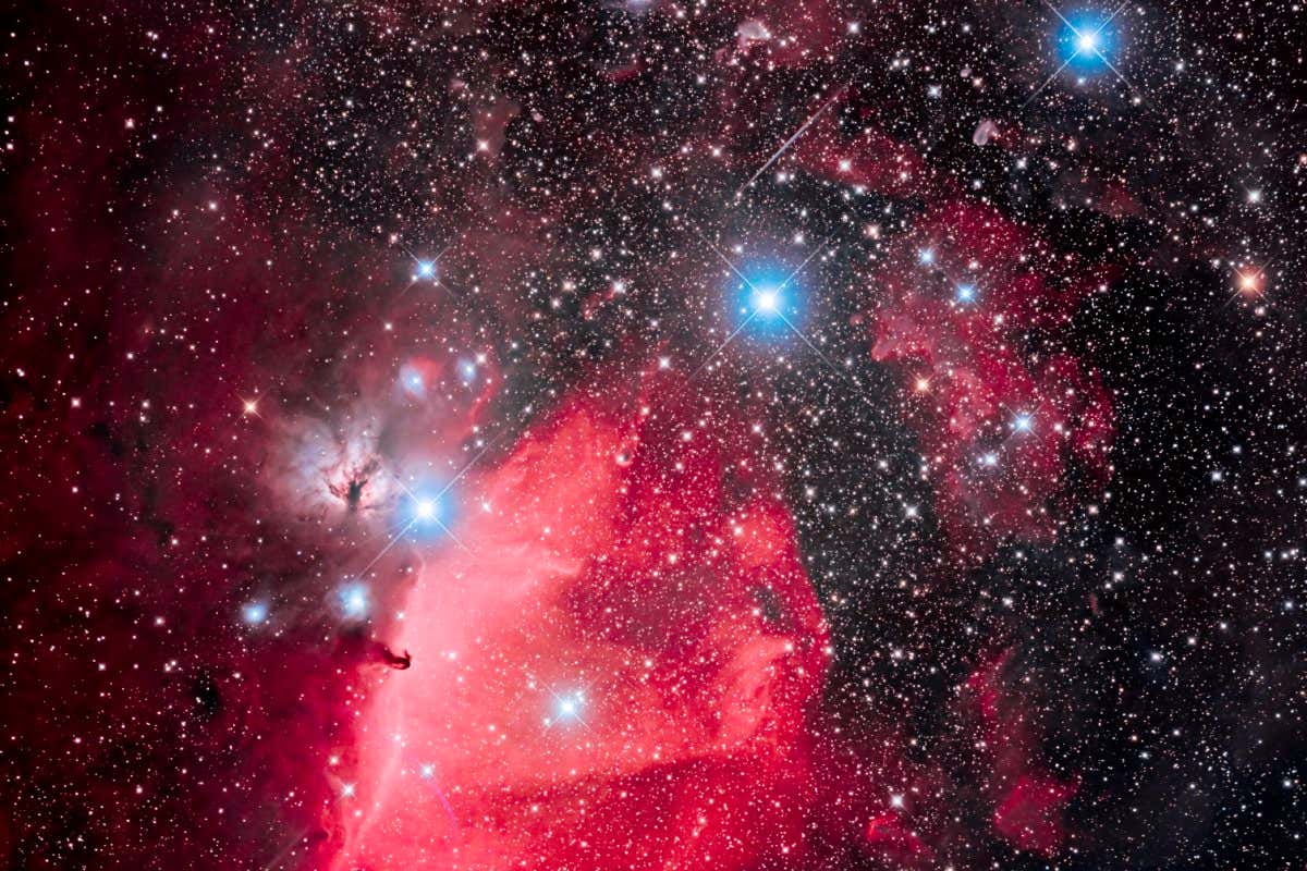This is the Belt of Orion with its three blue stars across the top of the frame (L to R: Alnitak, Alnilam, and Mintaka), with the iconic Horsehead Nebula (aka B33) below Alnitak, with the dark Horsehead set against the bright nebula IC 434, aka Orion???s Dagger. The pinkish nebula above Alnitak is NGC 2024, the Flame Nebula. The small blue reflection nebula left of the Horsehead is NGC 2023, with smaller IC 435 to the left of it. The field is filled with the large open cluster Collinder 70. The multiple star at bottom left of centre is Sigma Orionis. Many other smaller bits of reflection nebulas populate the field in and around the Belt. This is a blend of 8 x 5-minute exposures at ISO 800 unfiltered with 6 x 10-minute exposures at ISO 1600 shot through an Optolong L-Enhance dual-band nebula enhancement filter (it lets through only Oxygen III blue-green and Hydrogen-alpha red to really enhance the nebulosity). The filtered shot is blended in with the unfiltered shot to retain the best of both worlds: the rich reds captured by the filtered images without losing the range of colours in the other nebulas such as the salmon pinks of the Flame and the blue reflection nebulas and stars. All exposures with the Canon EOS Ra mirrorless camera through the SharpStar HNT150 Hyperbolic Newtonian Astrograph at f/2.8, from home on a very clear moonless night January 27, 2020. All stacked, aligned and blended in Photoshop 2020. (Photo by: Alan Dyer/VW PICS/Universal Images Group via Getty Images)