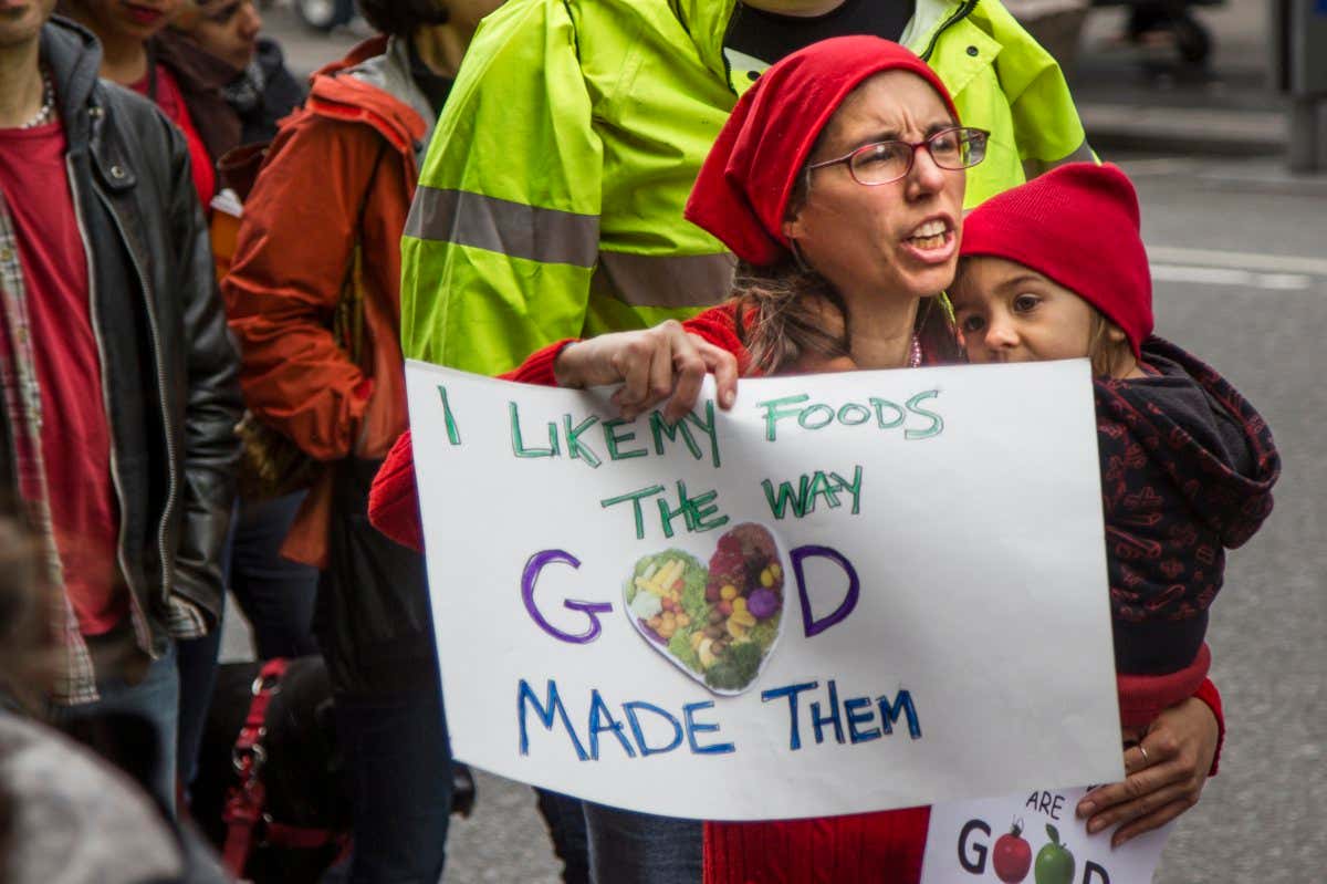 Anti-Monsanto/GMO Protest, New York, 25 May 2013 - Hundreds of thousands across the US joined the worldwide rally against biotech giant Monsanto and genetically engineered crops. It comes shortly after the Senate turned down a bill that would allow states to require the labeling of GM foods. Photo: Tony Savino (Photo by Tony Savino/Corbis via Getty Images)