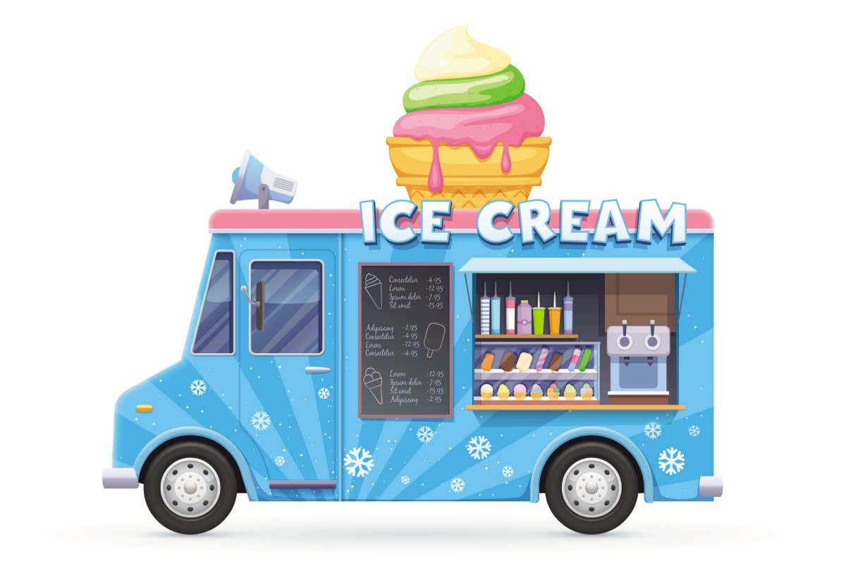 Ice cream food truck, isolated vector van, cartoon car for street food icecream desserts selling. Automobile cafe or restaurant on wheels with ice cream assortment, loudspeaker on rood and chalkboard