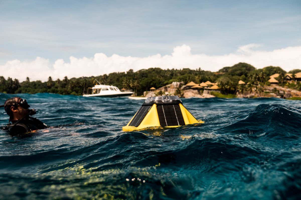 A man swimming next to a floating, solar-powered sensor