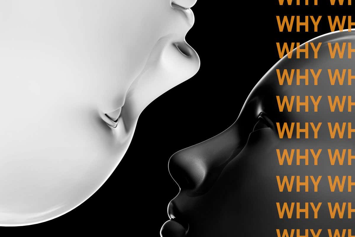 WHY are we both good and evil? 3d render illustration of light grey and black colored female faces on black background, relationship, psychology or good and evil concept.