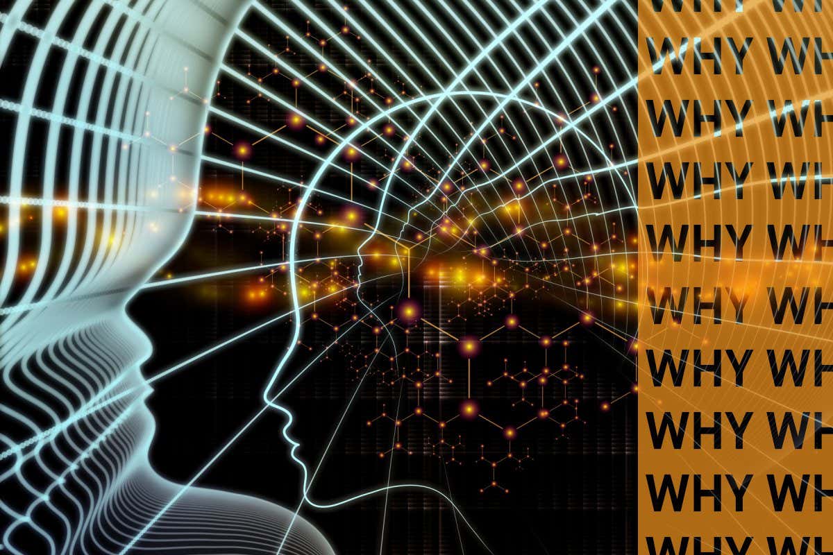 WHY is quantum theory so strange? Out of Your Mind Science series. Design made of spiral of human silhouette face line and abstract elements on the subject of consciousness, the mind, artificial intelligence and technology