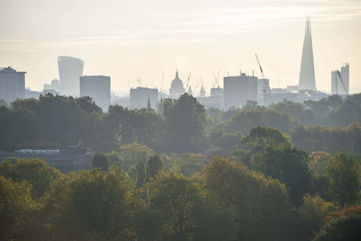 City skyline view of London, England with autumn trees on a misty morning as viewed from a North London park; Shutterstock ID 506890648; purchase_order: -; job: -; client: -; other: -