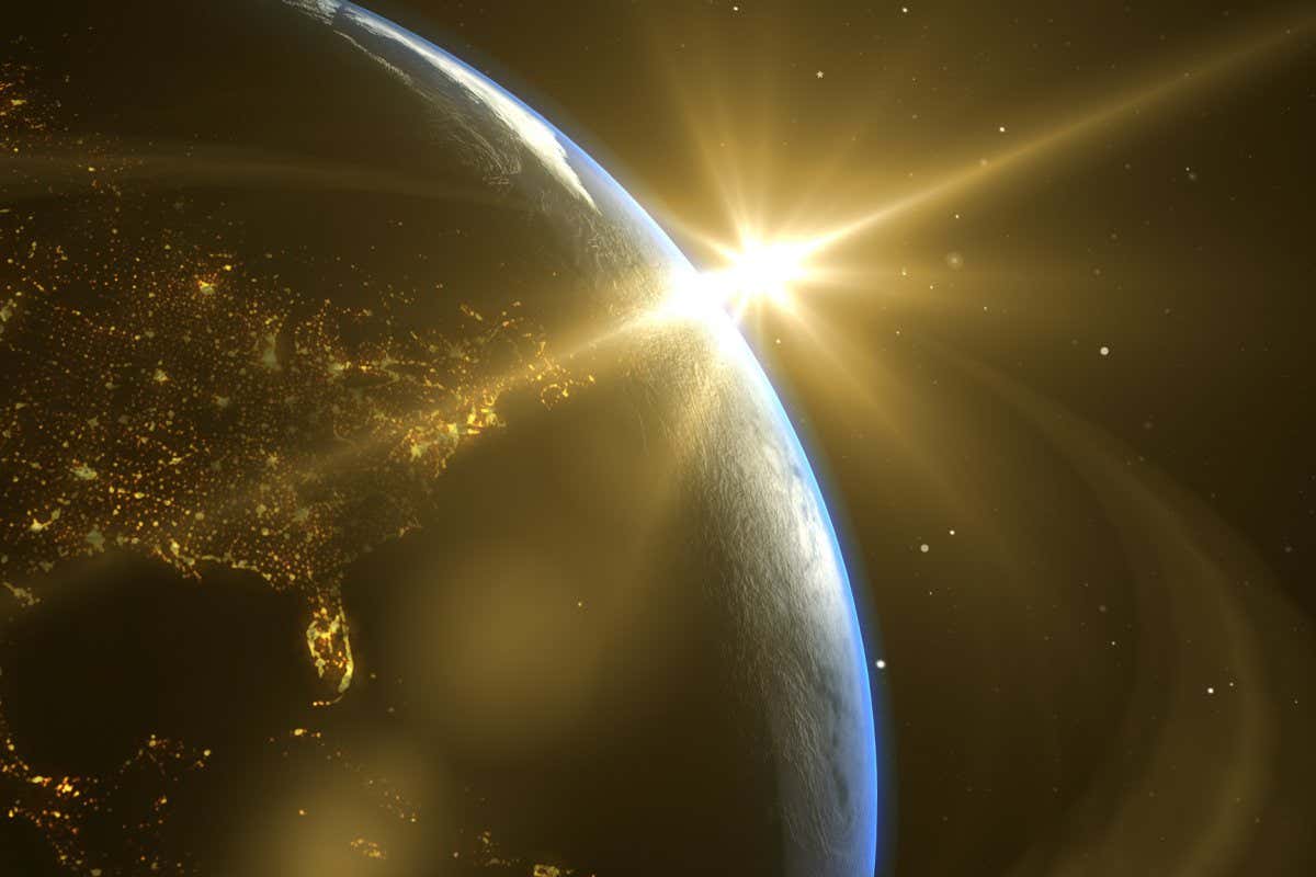 Sunrise and shadow on the earth in space with star in universe. World realistic atmosphere 3D volumetric clouds texture surface. Elements of this image are furnished by NASA https://visibleearth.nasa.gov/images/57730/the-blue-marble-land-surface-ocean-color-and-sea-ice/82679l , 3DRender for design content