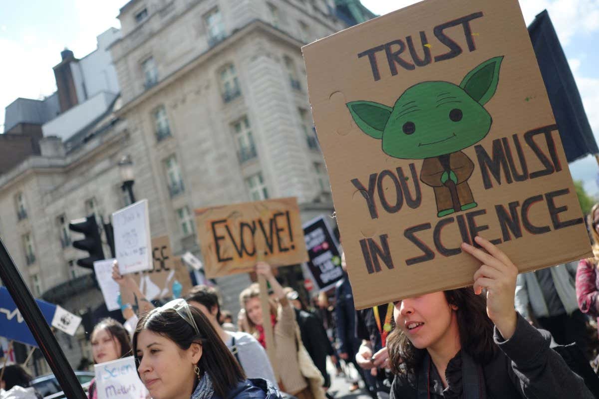 Thousands of people march though Central London, UK, on Earth Day on 22 April 2017 to protest against what they see as a threat to experts, evidence and investment in science. Protesters assembled at the Science Museum and marched to Parliament Square. The march, a worldwide event, supports science and evidence-based research and was organized in opposition to Donald Trump's environmental and energy policies. (Photo by Jay Shaw Baker/NurPhoto via Getty Images)