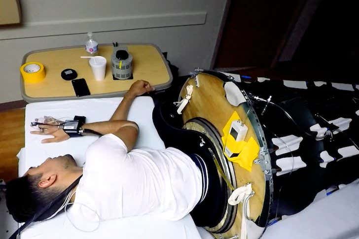 James Leidner spent three nights in a high-tech sleeping bag that unloads pressure in the brain by suctioning fluids into the lower body. NASA hopes the sack can be used by astronauts in space to alleviate the vision problems they commonly endure during longer missions.
