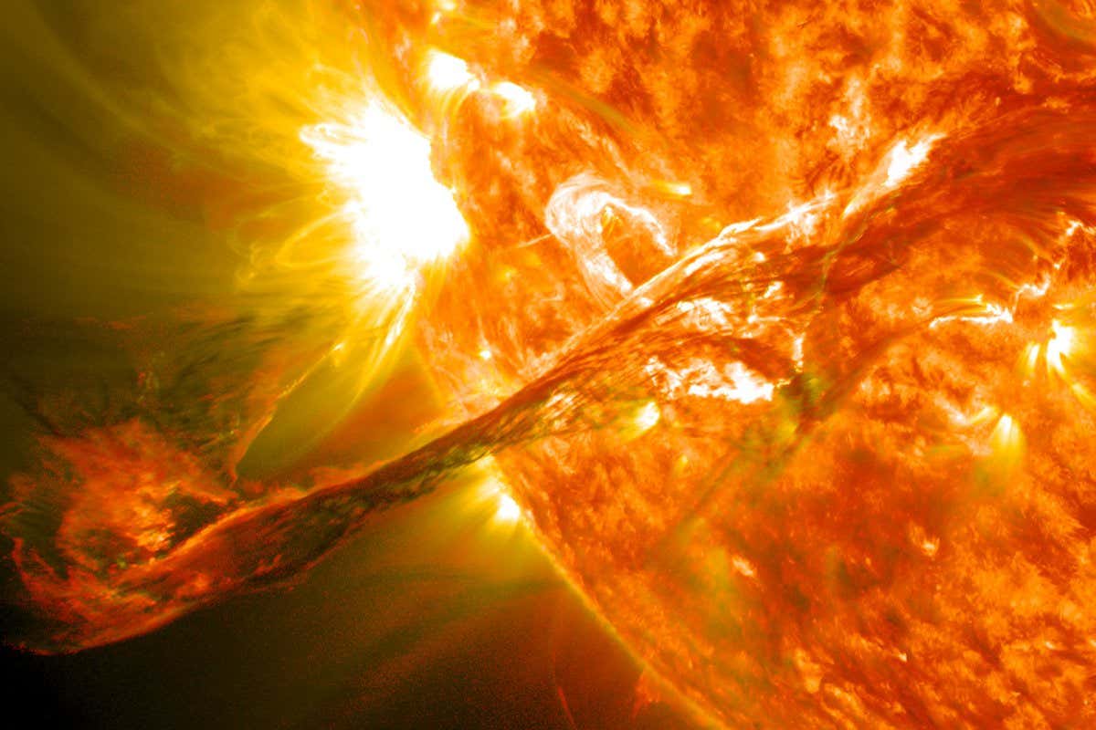 On August 31, 2012 a long filament of solar material that had been hovering in the sun's atmosphere, the corona, erupted out into space at 4:36 p.m. EDT. The coronal mass ejection, or CME, traveled at over 900 miles per second. The CME did not travel directly toward Earth, but did connect with Earth's magnetic environment, or magnetosphere, causing aurora to appear on the night of Monday, September 3. Picuted here is a lighten blended version of the 304 and 171 angstrom wavelengths. Cropped Credit: NASA/GSFC/SDO NASA image use policy. NASA Goddard Space Flight Center enables NASA???s mission through four scientific endeavors: Earth Science, Heliophysics, Solar System Exploration, and Astrophysics. Goddard plays a leading role in NASA???s accomplishments by contributing compelling scientific knowledge to advance the Agency???s mission. Follow us on Twitter Like us on Facebook Find us on Instagram