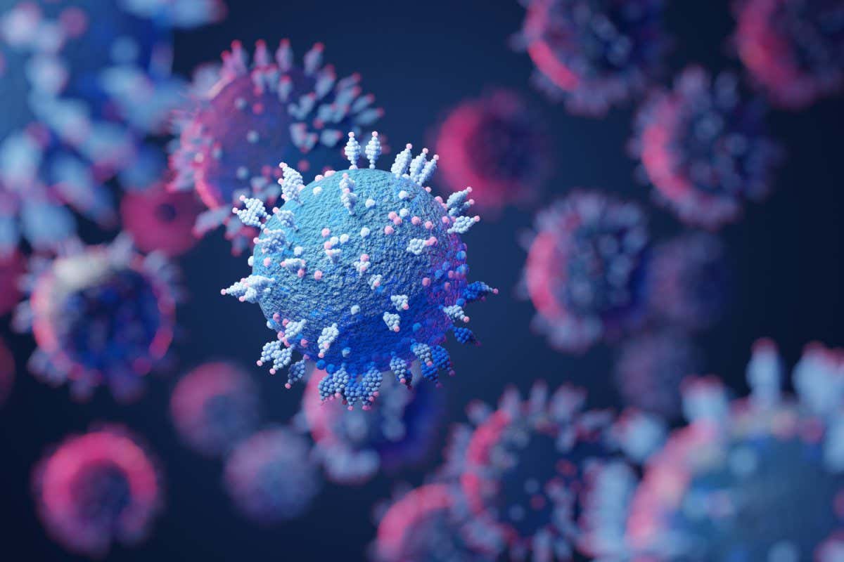 Macro coronavirus(covid-19) cell delta plus variant. B.1.1.529 E484Q L452R.COVID 19 Delta plus variant Sars ncov 2 2021.Mutated coronavirus SARS-CoV-2 flu disease pandemic, 3D render illustration; Shutterstock ID 2011480793; purchase_order: -; job: -; client: -; other: -