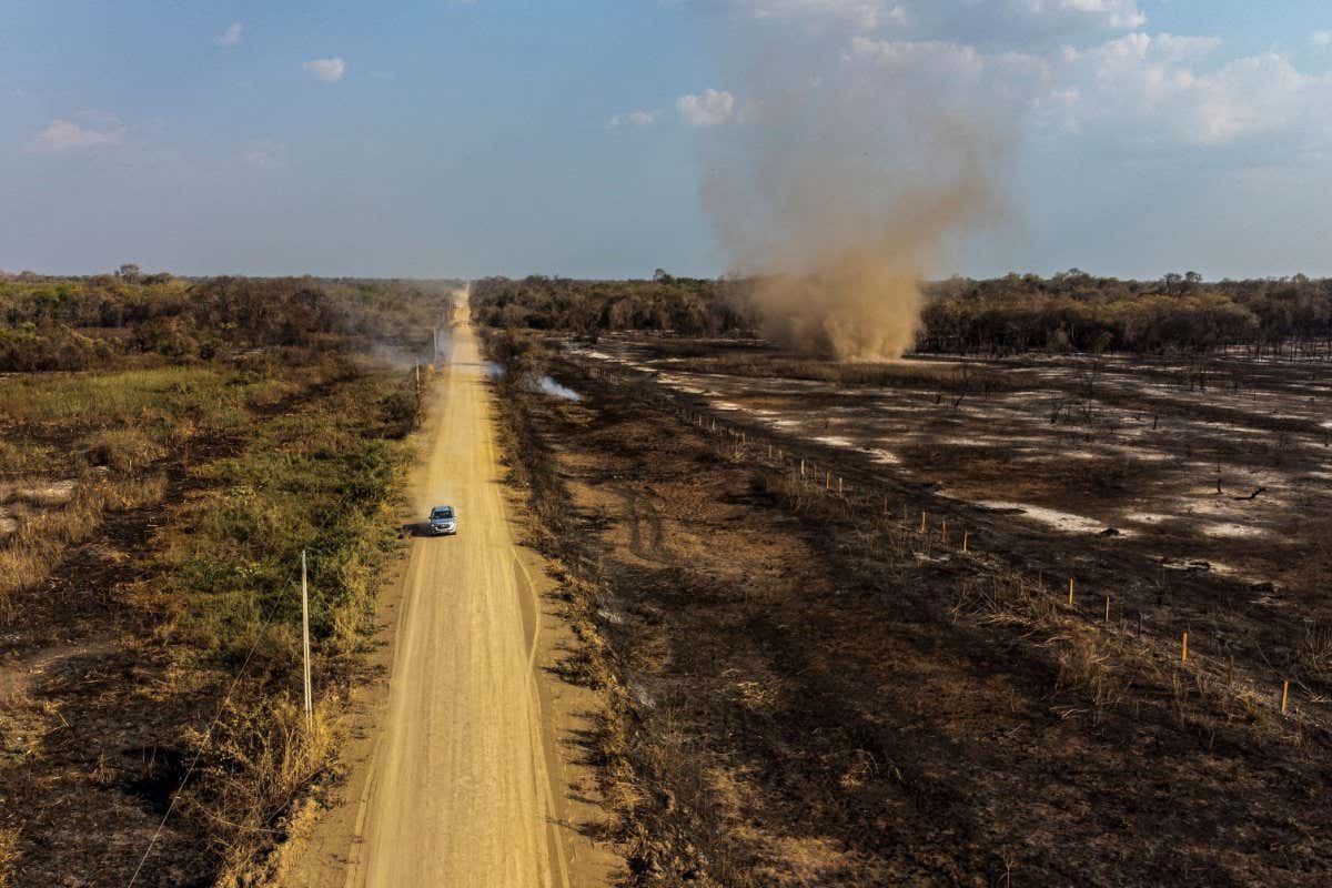 Mandatory Credit: Photo by Rogerio Florentino/EPA-EFE/Shutterstock (12420427a) A photograph taken with a drone shows sectors burned by a fire in the Pantanal region, Brazil, 06 September 2021. A year after having devastated a large part of the ecosystem, forest fires once again threaten the Pantanal, the largest wetland in the world that Brazil shares with Paraguay and Bolivia, where scenes of rescued animals or fleeing the fire are repeated again. Forest fires threaten Pantanal, the largest wetland in the world, Brazil - 06 Sep 2021