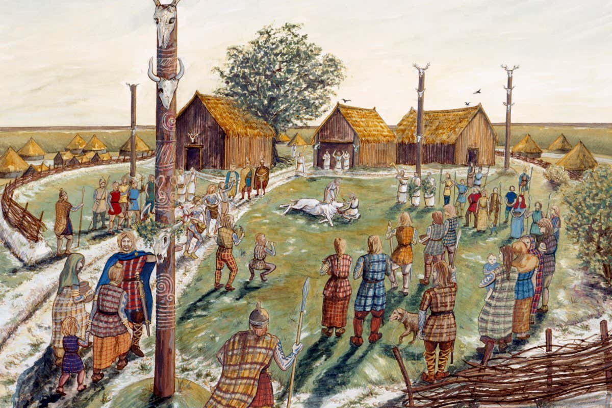 HT3KM2 Danebury Hill Fort, c2nd century BC, (c1990-2010). Artist: Karen Guffogg. Reconstruction drawing. Celtic / Iron age, approx. 2nd century BC. Built in the 6th century BC, the fort was in use for almost 500 years, during a period when the number of hill forts in Wessex greatly increased. Danebury was remodelled several times, making it more complex and resulting in it becoming a developed hill fort