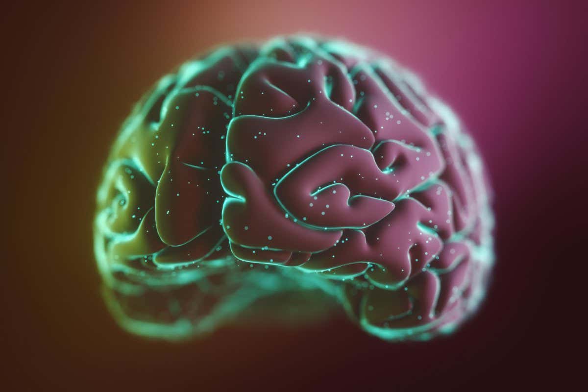 J6125R 3D illustration. Stylized image of a brain inside a liquid with air bubbles around.