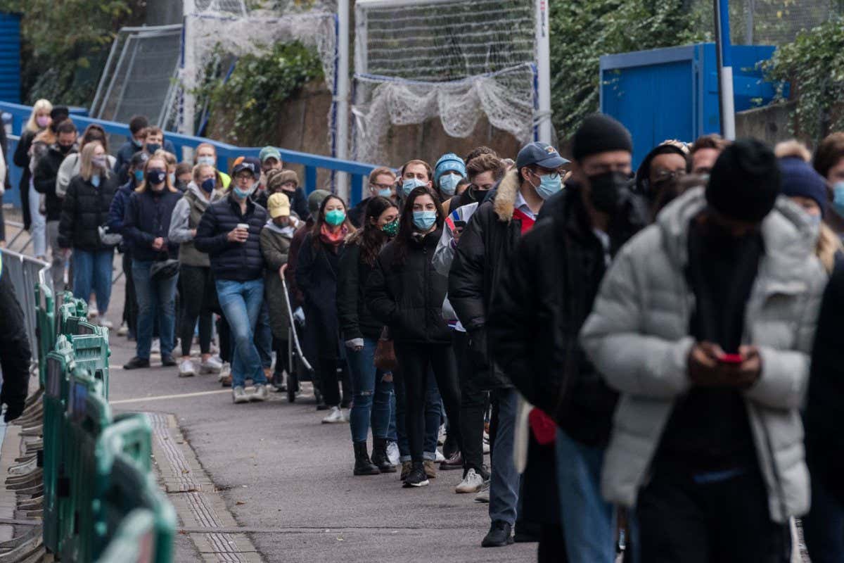 A mass vaccination hub at Stamford Bridge stadium on 18 December