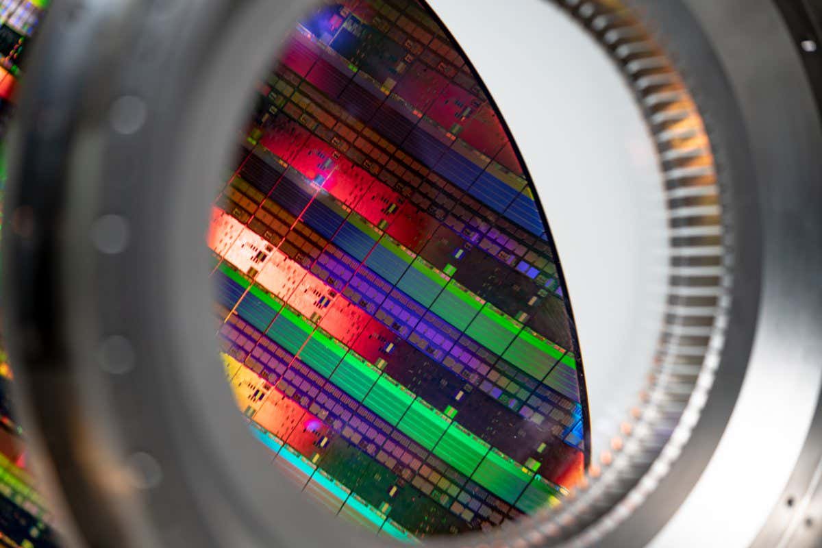 Lithography elements - Silicon wafer seen through a lens element.