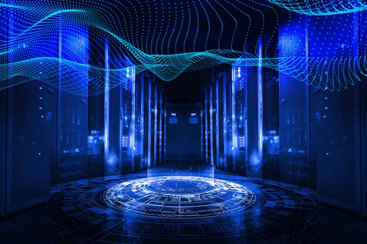 3D render Connection network in servers data center room storage systems modern server room symmetry ranks supercomputers light.; Shutterstock ID 2052853037; purchase_order: -; job: -; client: -; other: -