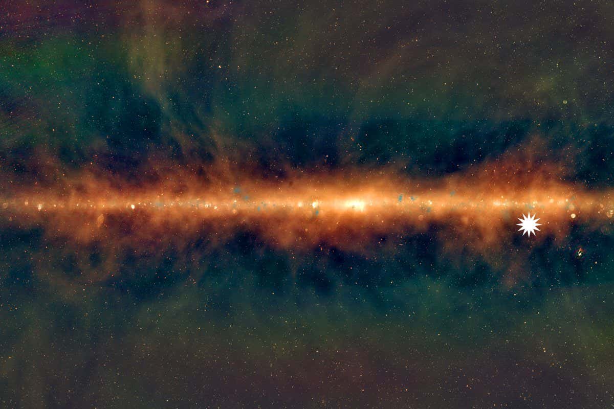 This image shows a new view of the Milky Way from the Murchison Widefield Array, with the lowest frequencies in red, middle frequencies in green, and the highest frequencies in blue. The star icon shows the position of the mysterious repeating transient