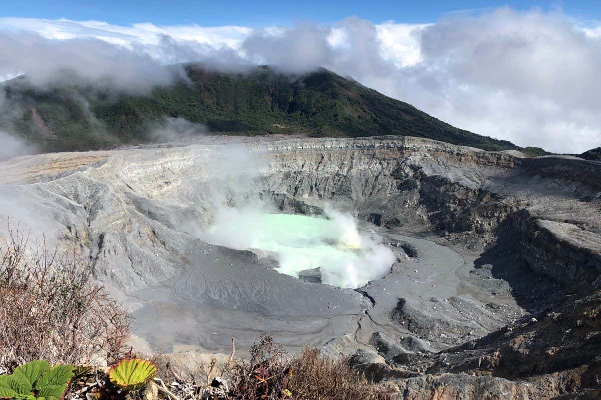 The crater and its extremely harsh lake, Laguna Caliente, dominated by a single genus of extremophile Acidiphilium bacteria