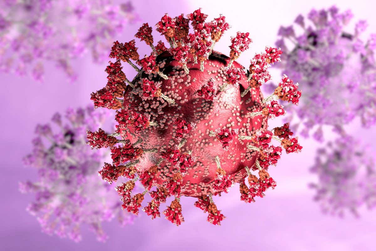 Virus variant, coronavirus, spike protein. Omicron. Covid-19 seen under the microscope. SARS-CoV-2, 3d rendering; Shutterstock ID 2082761077; purchase_order: -; job: -; client: -; other: -