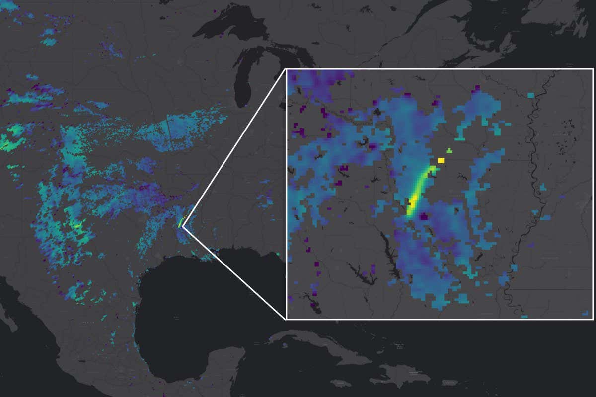 Example of detected methane plume over the United States on 2019-09-25 in TROPOMI (ESA) methane measurements