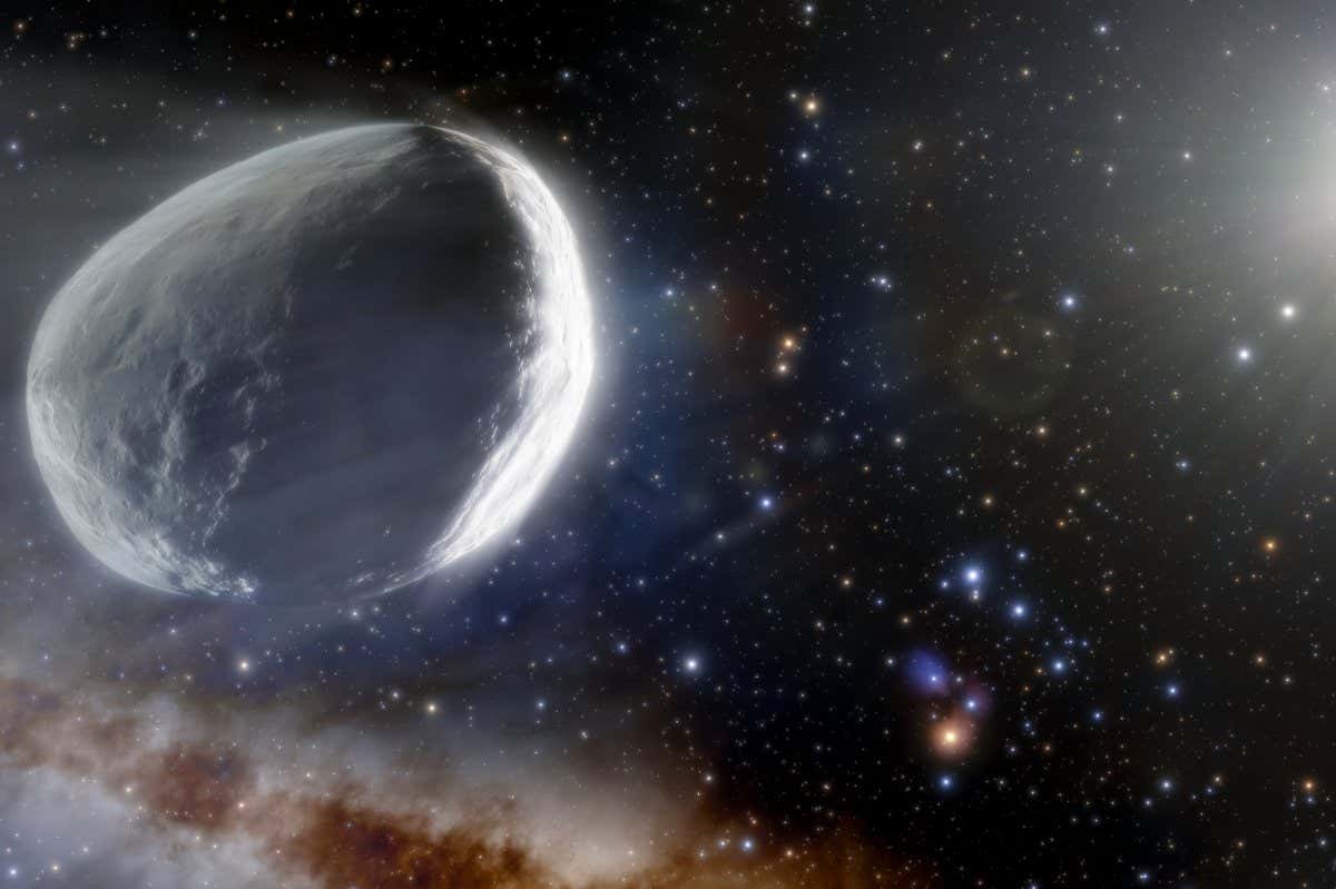 This illustration shows the distant Comet Bernardinelli-Bernstein as it might look in the outer Solar System. Comet Bernardinelli-Bernstein is estimated to be about 1000 times more massive than a typical comet, making it arguably the largest comet discovered in modern times. It has an extremely elongated orbit, journeying inward from the distant Oort Cloud over millions of years. It is the most distant comet to be discovered on its incoming path.