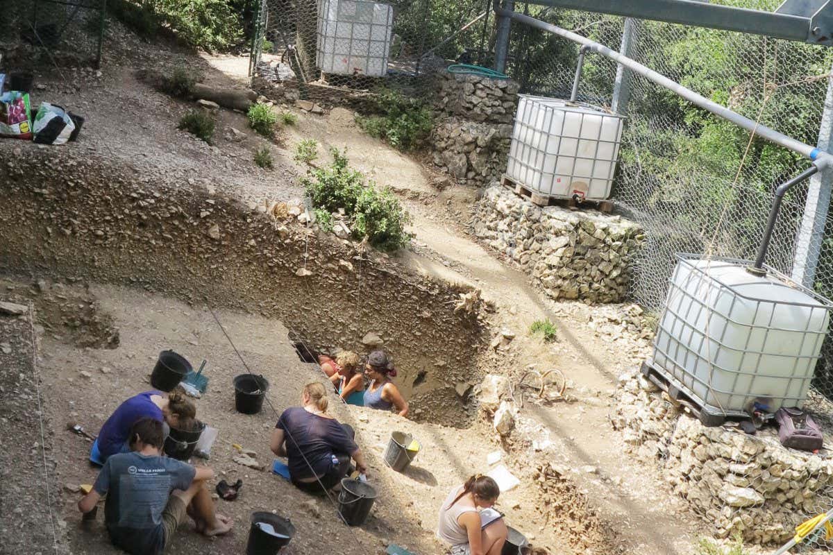 View of the excavations at the entrance of Grotte Mandrin