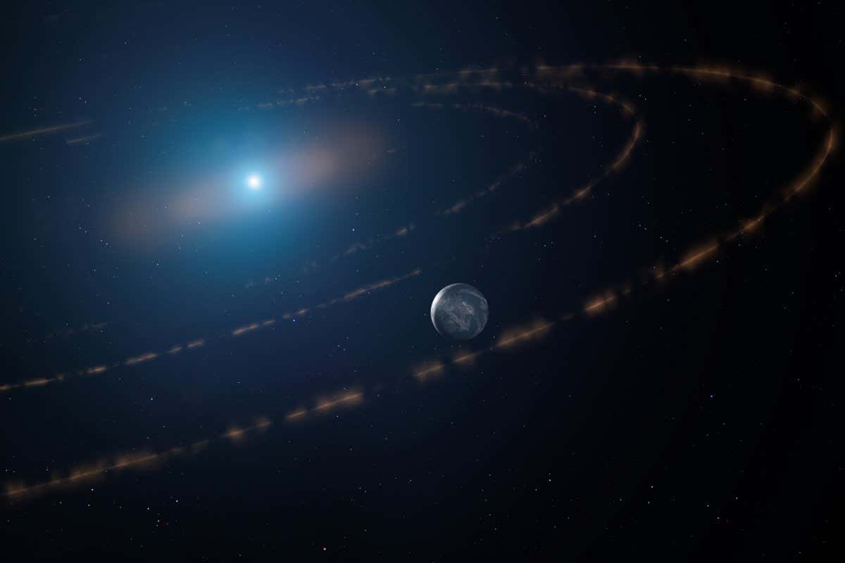 An artist?s impression of the white dwarf star WD1054?226 orbited by clouds of planetary debris and a major planet in the habitable zone.