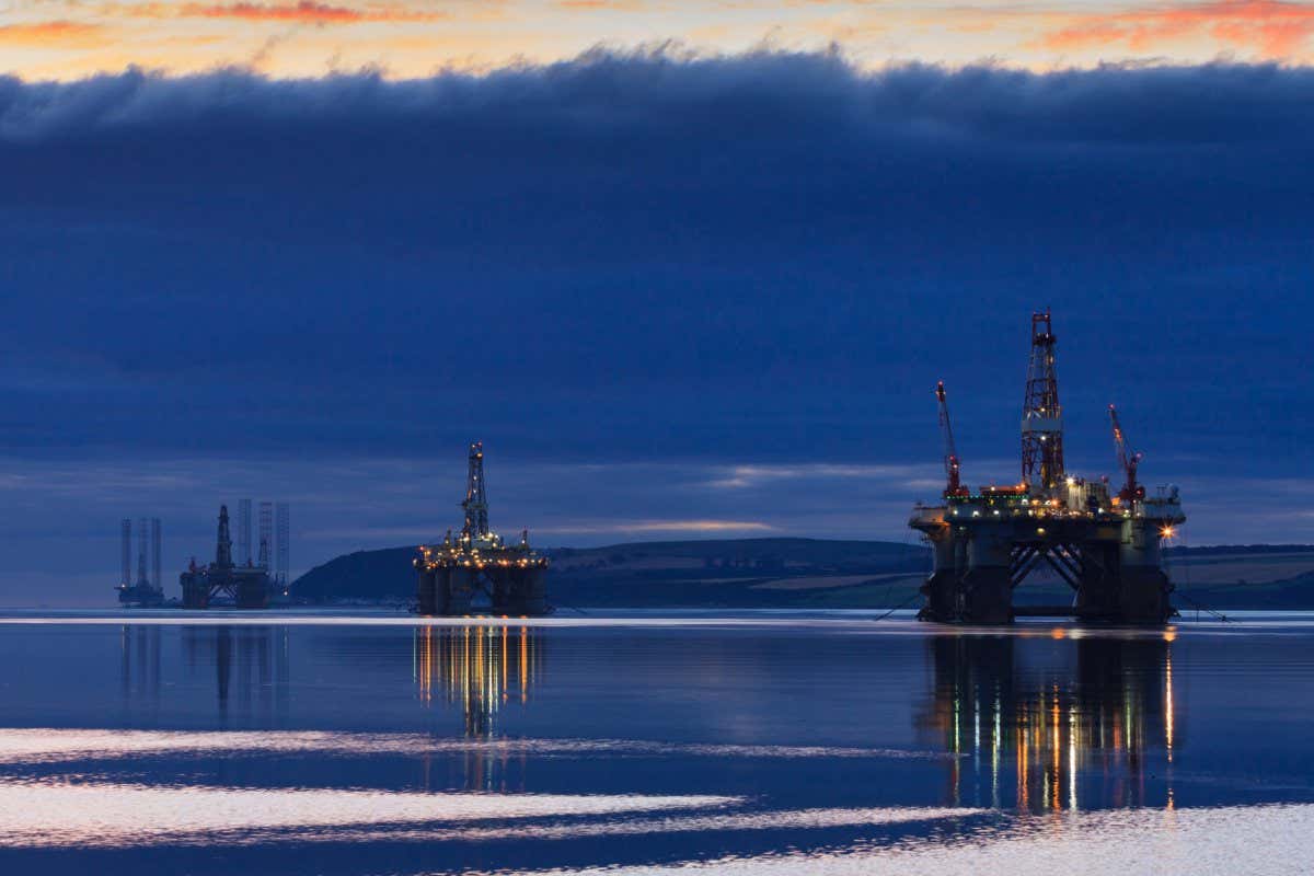Semi Submersible Oil Rig during Sunrise at Cromarty Firth in Invergordon, Scotland; Shutterstock ID 554842060; purchase_order: -; job: -; client: -; other: -