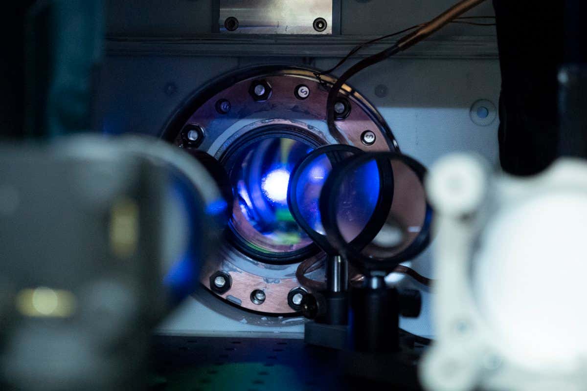 JILA researchers measured time dilation, or how an atomic clock's ticking rate varied by elevation, within this tiny cloud of strontium atoms.